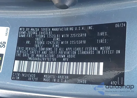 2024 Toyota Corolla Cross Xle z USA, uszkodzony, nr VIN 7MUDAABG2RV102186